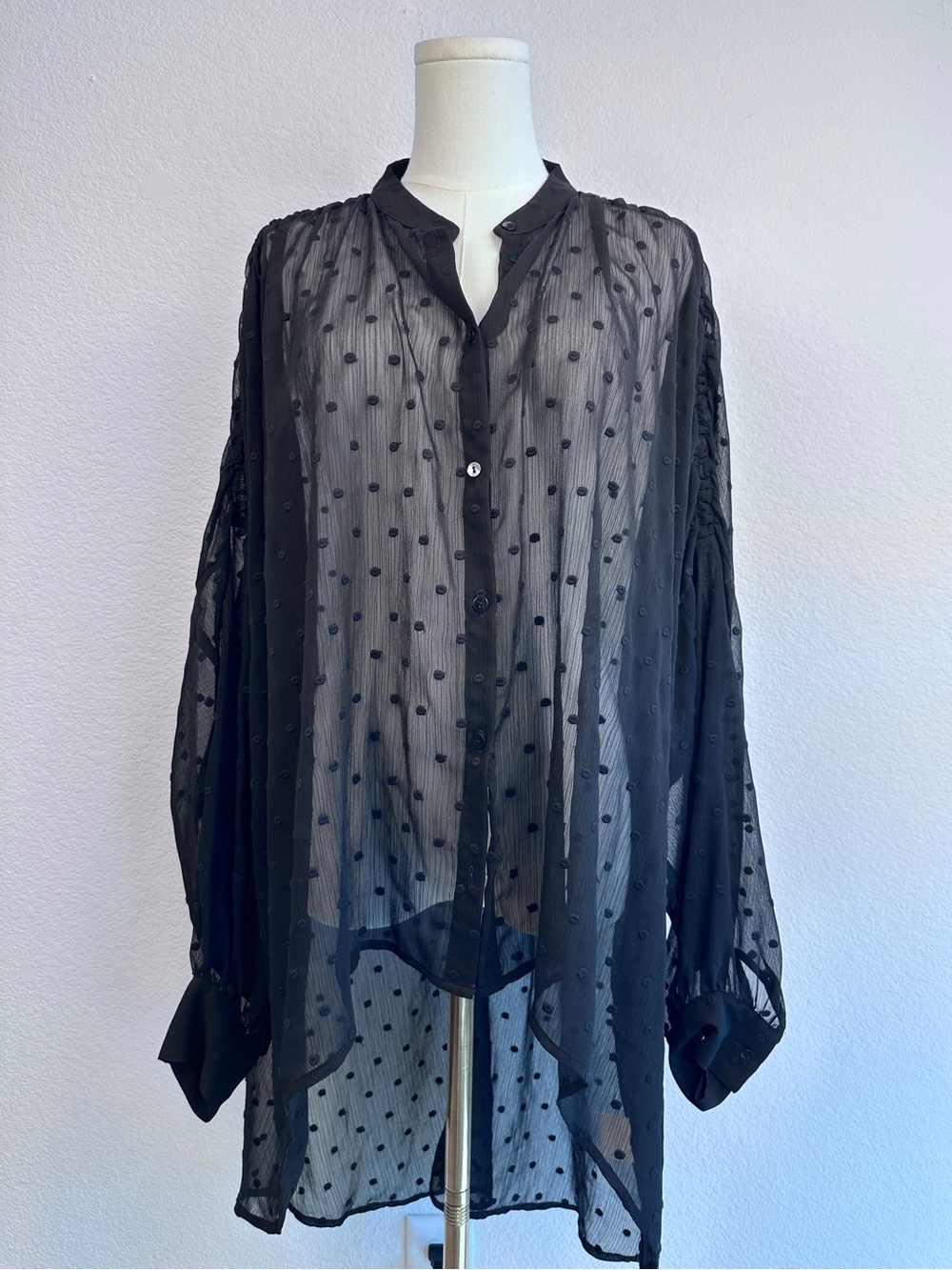 Express Black Sheer Swiss Dot High-Low Blouse Size Large